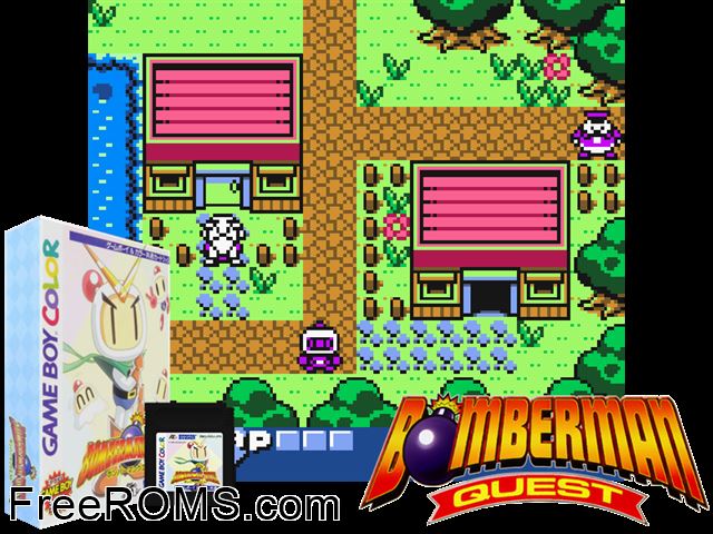 Bomberman Quest (Japan) Gameboy Color game showing 3D box cover and gameplay screenshot