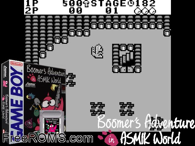 Boomers Adventure In Asmik World (Japan) Gameboy Color game showing 3D box cover and gameplay screenshot
