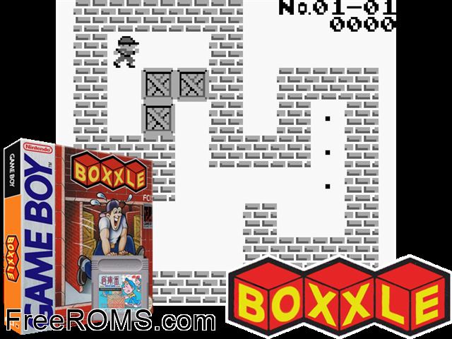 Boxxle (V1.1) Gameboy Color game showing 3D box cover and gameplay screenshot