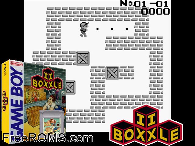 Boxxle 2 Gameboy Color game showing 3D box cover and gameplay screenshot