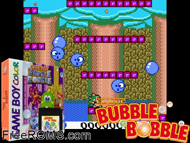 Bubble Bobble Gameboy Color game showing 3D box cover and gameplay screenshot