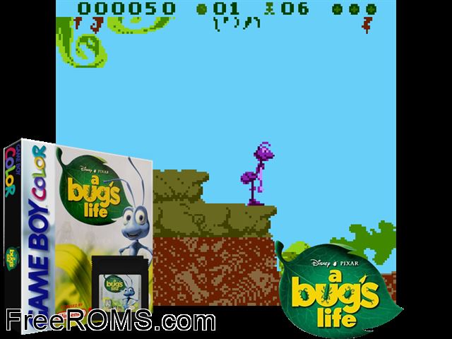 Bugs Life, A Gameboy Color game showing 3D box cover and gameplay screenshot
