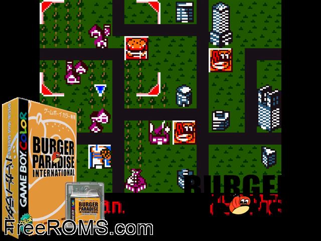Burger Paradise (Japan) Gameboy Color game showing 3D box cover and gameplay screenshot
