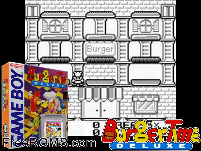 Burger Time Deluxe (Usajapan) Gameboy Color game showing 3D box cover and gameplay screenshot