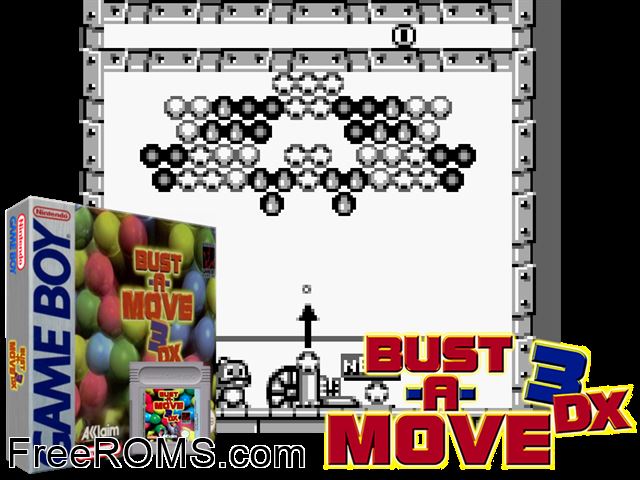Bust-A-Move 3 Dx Gameboy Color game showing 3D box cover and gameplay screenshot