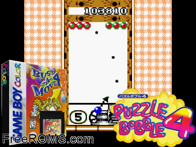 Bust-A-Move 4 Gameboy Color game showing 3D box cover and gameplay screenshot