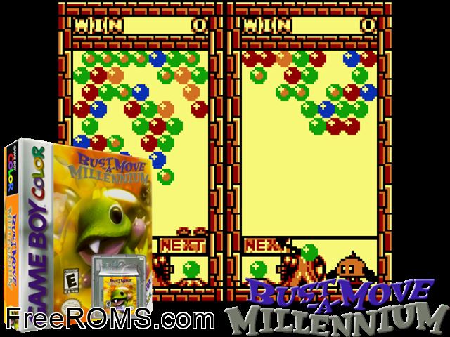 Bust-A-Move Millennium Gameboy Color game showing 3D box cover and gameplay screenshot