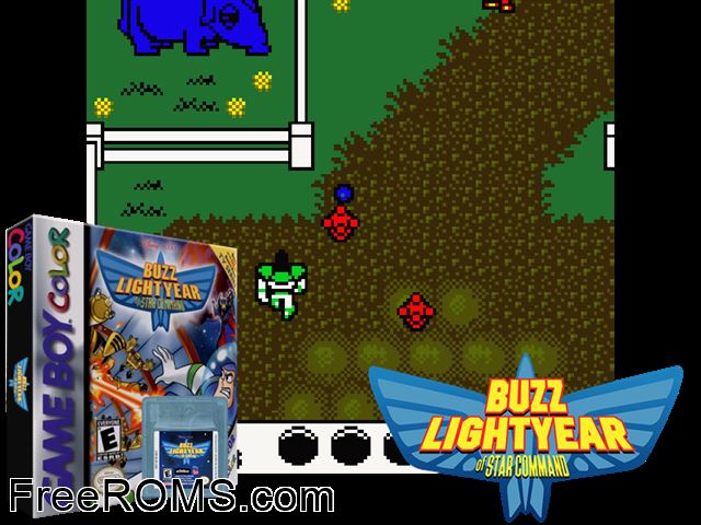 Buzz Lightyear Of Star Command (Germany) Gameboy Color game showing 3D box cover and gameplay screenshot