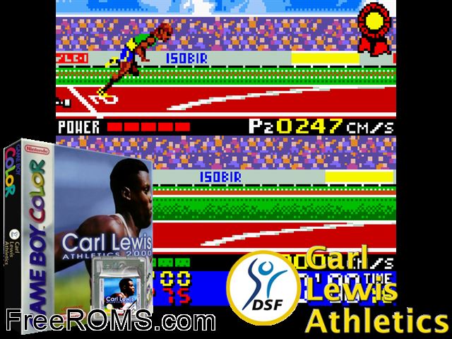 Carl Lewis Athletics 2000 Gameboy Color game showing 3D box cover and gameplay screenshot