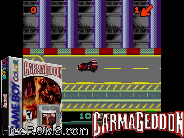 Carmageddon Gameboy Color game showing 3D box cover and gameplay screenshot