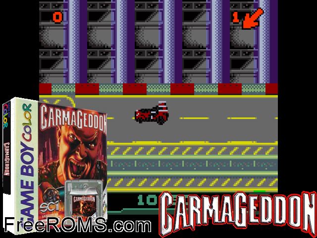 Carmageddon (Germany) Gameboy Color game showing 3D box cover and gameplay screenshot