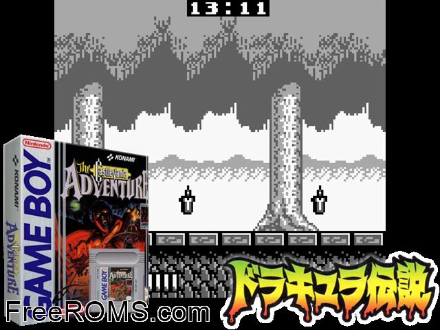 Castlevania Adventure, The (Graphics Improved Hack) Gameboy Color game showing 3D box cover and gameplay screenshot
