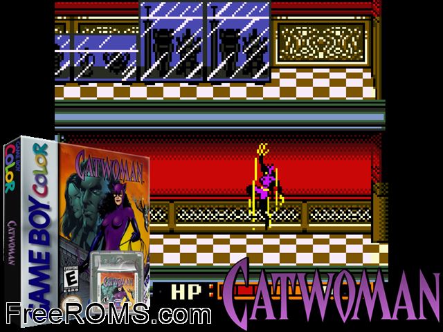 Catwoman Gameboy Color game showing 3D box cover and gameplay screenshot