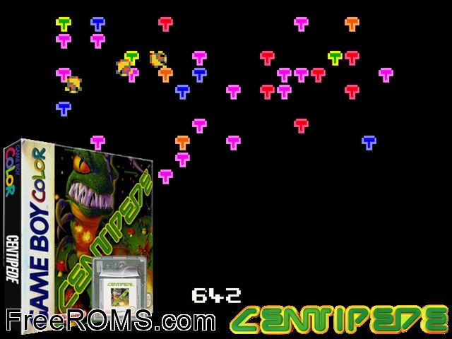 Centipede Gameboy Color game showing 3D box cover and gameplay screenshot
