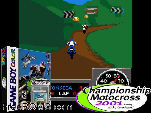 Championship Motocross 2001 Featuring Ricky Carmichael Gameboy Color game showing 3D box cover and gameplay screenshot
