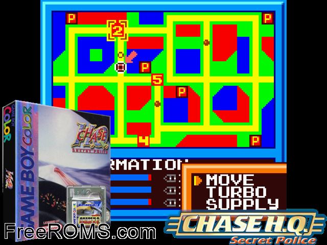 Chase H.Q. - Secret Police Gameboy Color game showing 3D box cover and gameplay screenshot