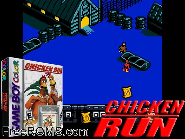 Chicken Run Gameboy Color game showing 3D box cover and gameplay screenshot