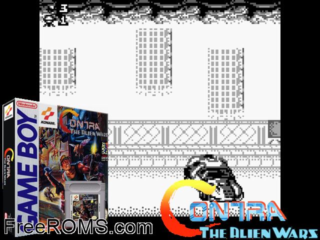Contra (Japan) Gameboy Color game showing 3D box cover and gameplay screenshot