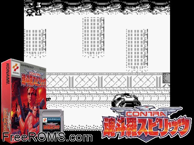 Contra Spirits (Japan) Gameboy Color game showing 3D box cover and gameplay screenshot
