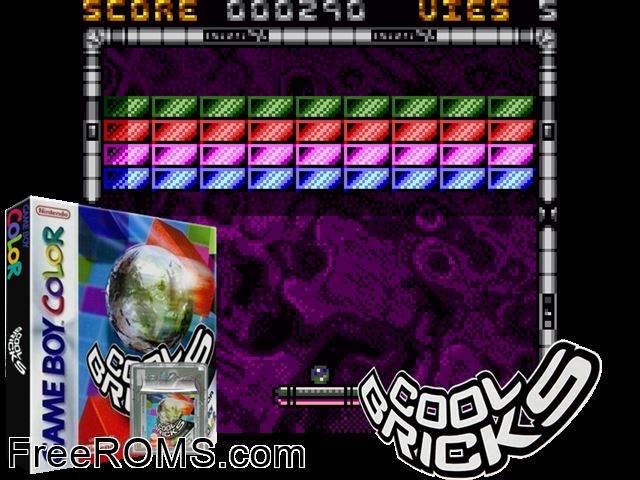 Cool Bricks Gameboy Color game showing 3D box cover and gameplay screenshot