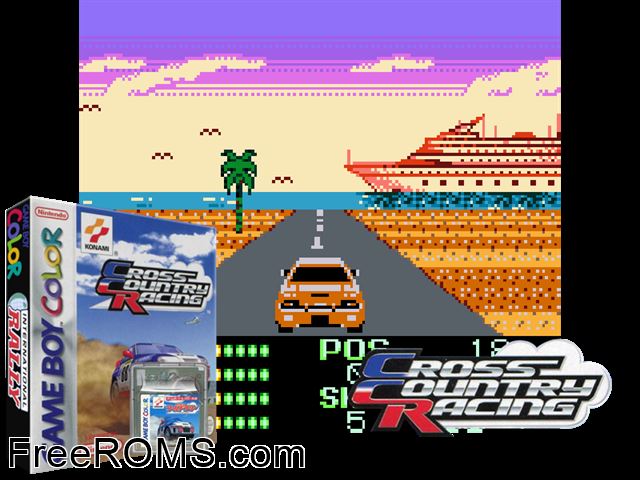 Cross Country Racing Gameboy Color game showing 3D box cover and gameplay screenshot