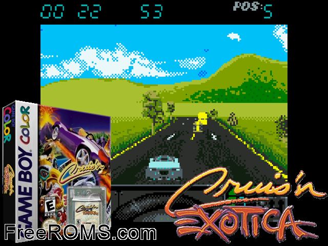 Cruisn Exotica Gameboy Color game showing 3D box cover and gameplay screenshot