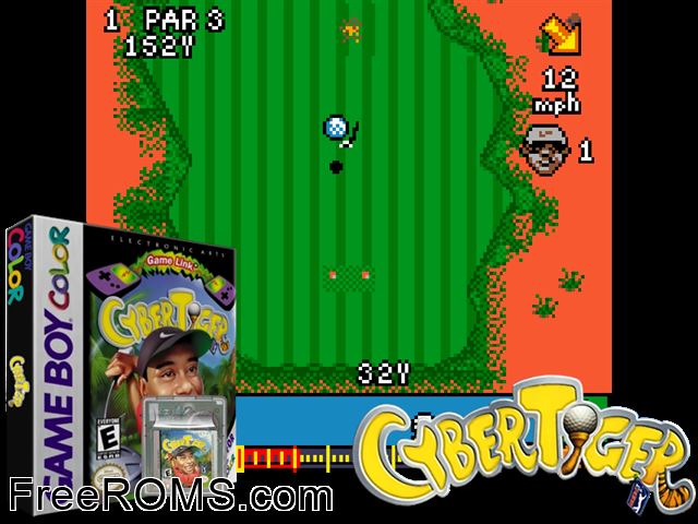 Cyber Tiger Gameboy Color game showing 3D box cover and gameplay screenshot
