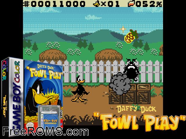 Daffy Duck - Fowl Play Gameboy Color game showing 3D box cover and gameplay screenshot