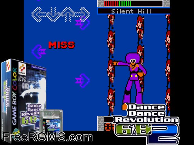 Dance Dance Revolution Gb2 (Japan) Gameboy Color game showing 3D box cover and gameplay screenshot