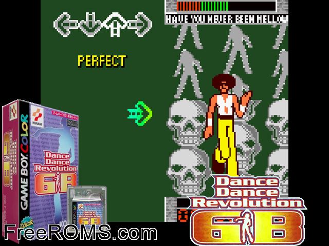 Dance Dance Revolution Gb (Japan) Gameboy Color game showing 3D box cover and gameplay screenshot