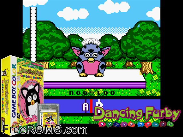 Dancing Furby (Japan) Gameboy Color game showing 3D box cover and gameplay screenshot
