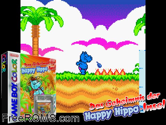 Das Geheimnis Der Happy Hippo-Insel (Germany) Gameboy Color game showing 3D box cover and gameplay screenshot