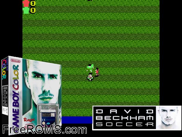 David Beckham Soccer Gameboy Color game showing 3D box cover and gameplay screenshot