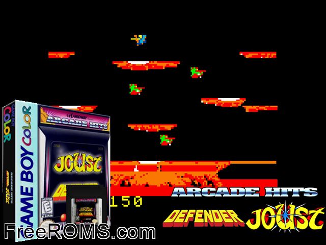 Defender-Joust Gameboy Color game showing 3D box cover and gameplay screenshot