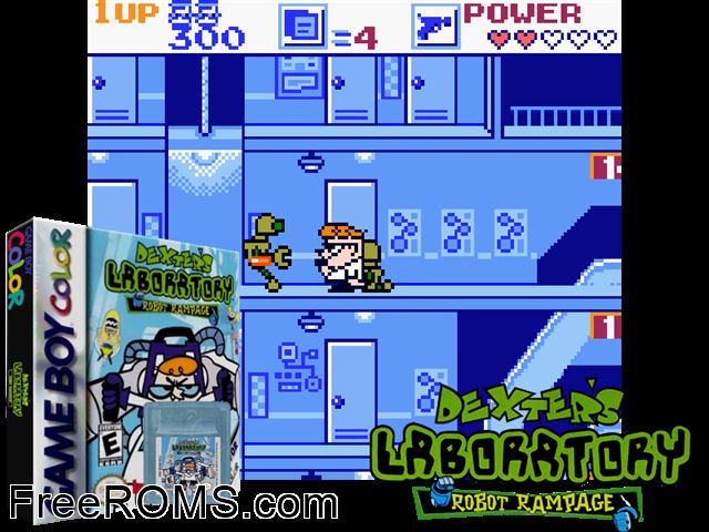 Dexters Laboratory - Robot Rampage Gameboy Color game showing 3D box cover and gameplay screenshot