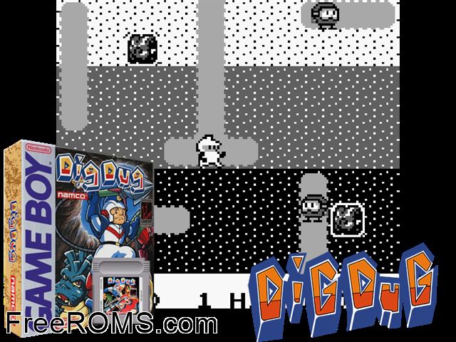 Dig Dug Gameboy Color game showing 3D box cover and gameplay screenshot