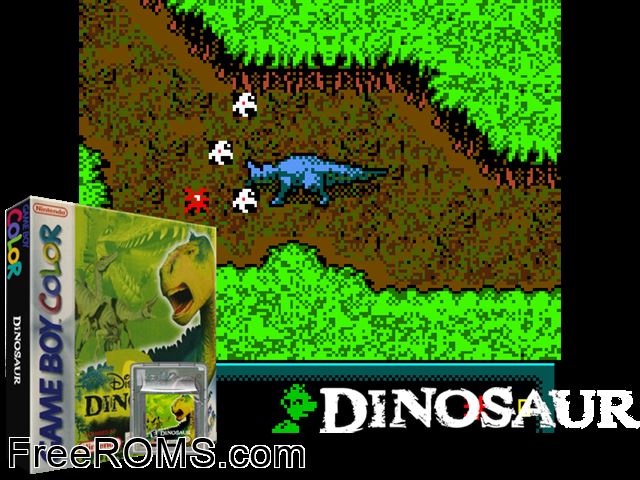 Dinosaur Gameboy Color game showing 3D box cover and gameplay screenshot
