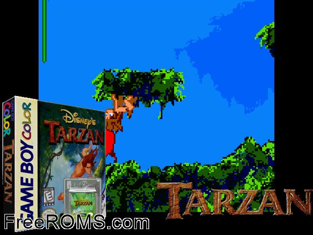 Disneys Tarzan (Japan) Gameboy Color game showing 3D box cover and gameplay screenshot