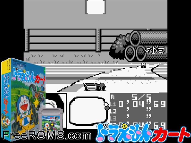 Doraemon Kart (Japan) Gameboy Color game showing 3D box cover and gameplay screenshot