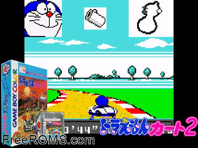 Doraemon Kart 2 (Japan) Gameboy Color game showing 3D box cover and gameplay screenshot
