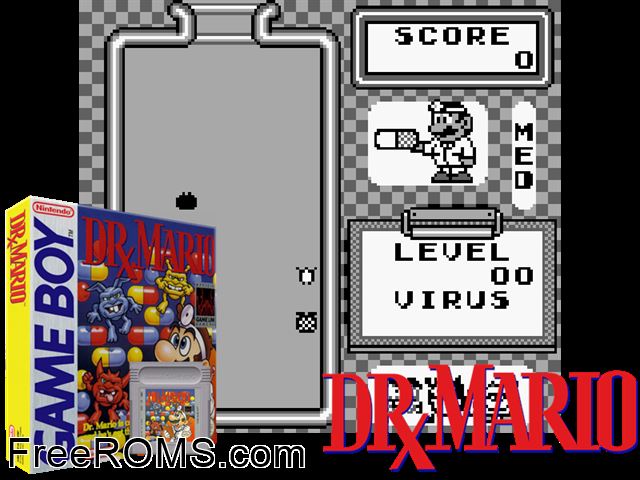 Dr. Mario (V1.1) Gameboy Color game showing 3D box cover and gameplay screenshot