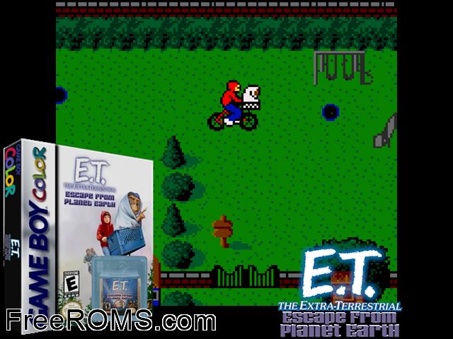 E.T. The Extra Terrestrial - Escape From Planet Earth Gameboy Color game showing 3D box cover and gameplay screenshot