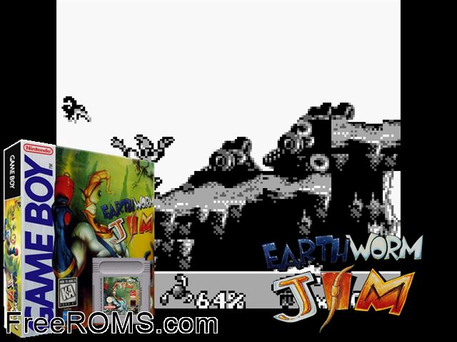 Earthworm Jim Gameboy Color game showing 3D box cover and gameplay screenshot