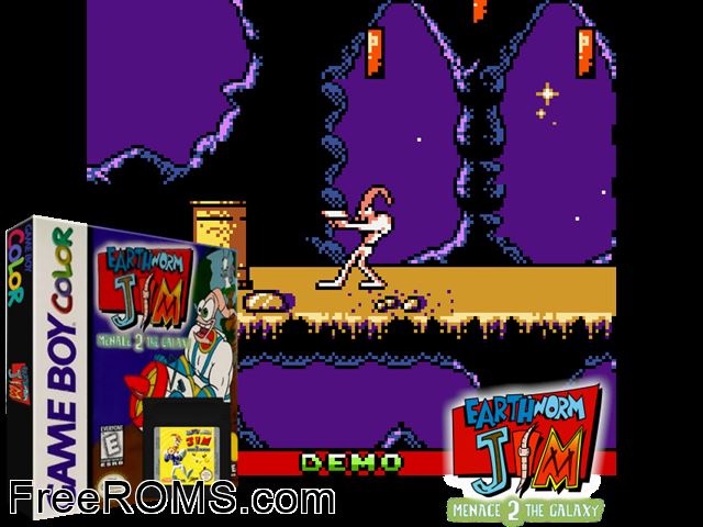 Earthworm Jim - Menace 2 The Galaxy Gameboy Color game showing 3D box cover and gameplay screenshot