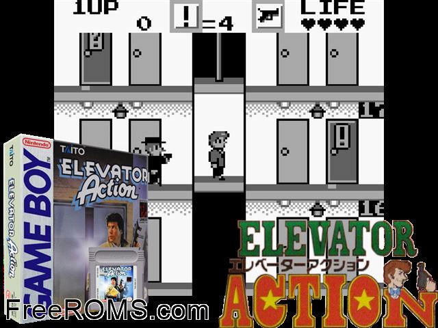 Elevator Action Gameboy Color game showing 3D box cover and gameplay screenshot