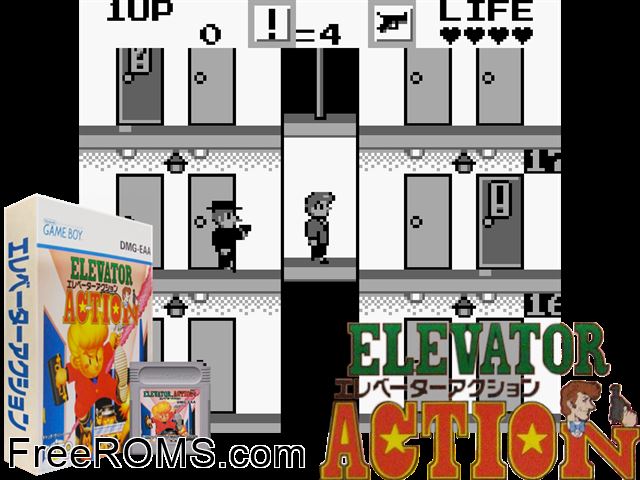 Elevator Action (Japan) Gameboy Color game showing 3D box cover and gameplay screenshot