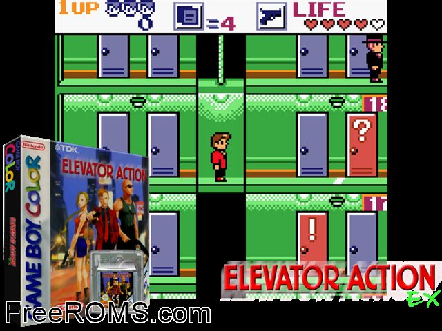 Elevator Action Ex (Japan) Gameboy Color game showing 3D box cover and gameplay screenshot