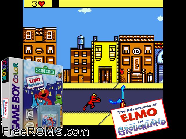 Elmo In Grouchland Gameboy Color game showing 3D box cover and gameplay screenshot