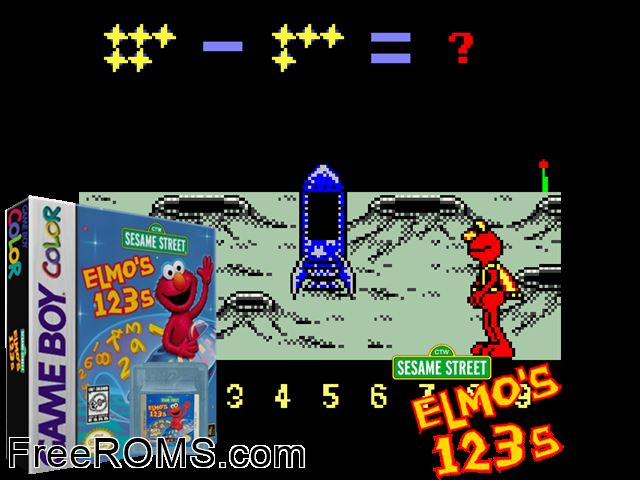 Elmos 123s Gameboy Color game showing 3D box cover and gameplay screenshot