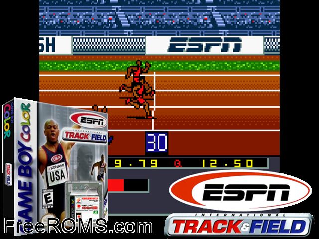 Espn International Track And Field Gameboy Color game showing 3D box cover and gameplay screenshot
